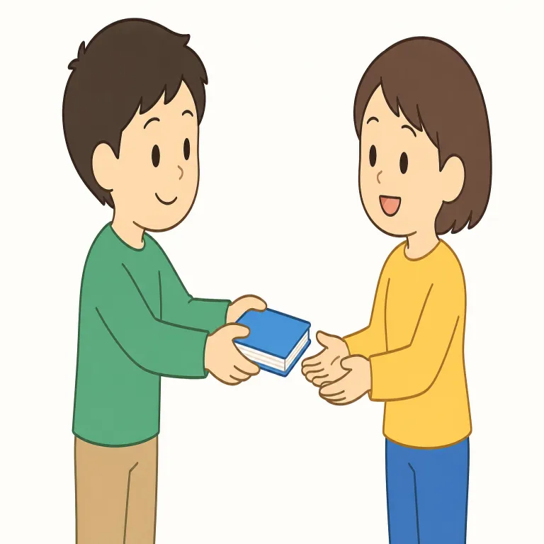 here you are（はいどうぞ・イディオム）の覚え方イラスト — この意味では、相手に物を差し出す瞬間の短い声かけとして覚えます