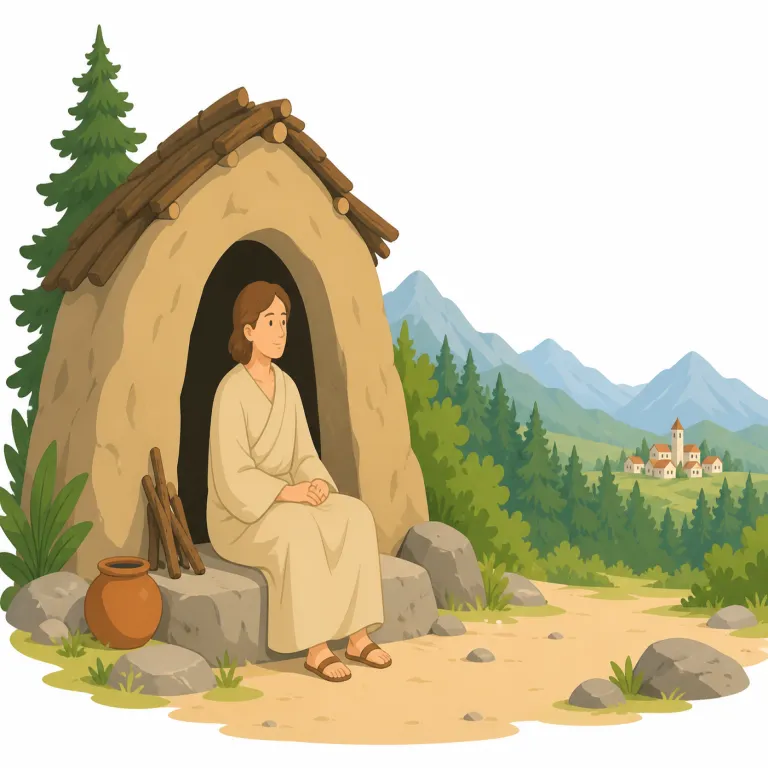 hermit（隠者・名詞）の覚え方イラスト — monk が修道院など共同体で暮らすのに対し、hermit は人里を離れて一人でこもる人