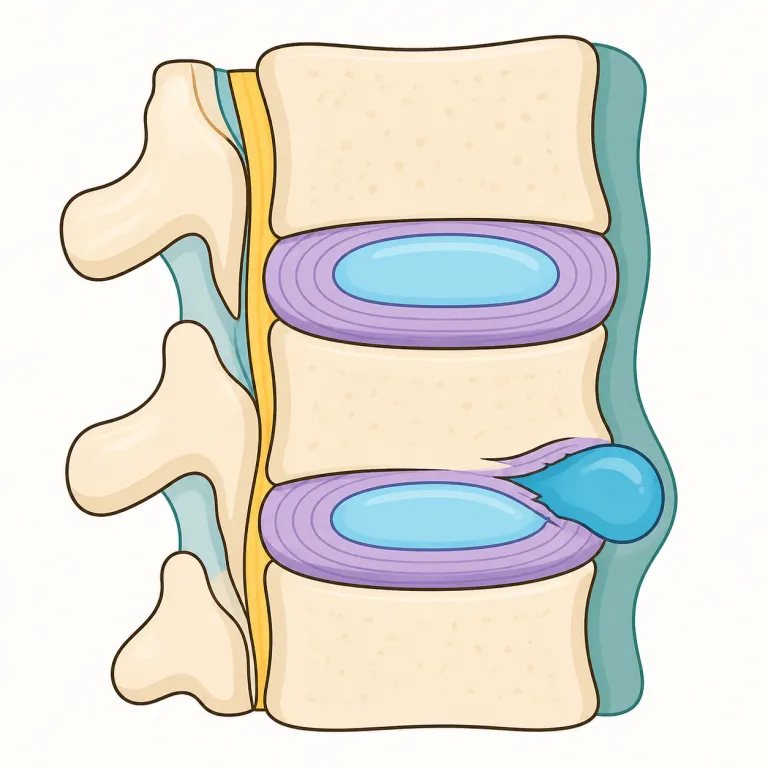 herniated（ヘルニアになった・形容詞）の覚え方イラスト — この意味の herniated は hernia「ヘルニア」を軸に覚えるとよい