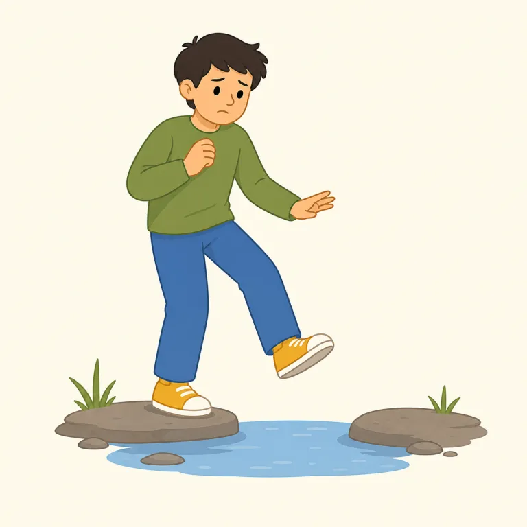 hesitantly（ためらって・副詞）の覚え方イラスト — hesitantly は hesitate「ためらう」を知っていれば取りやすい副詞形で、語尾 -ly が付いて「ためらいながら」の動作の様子になります