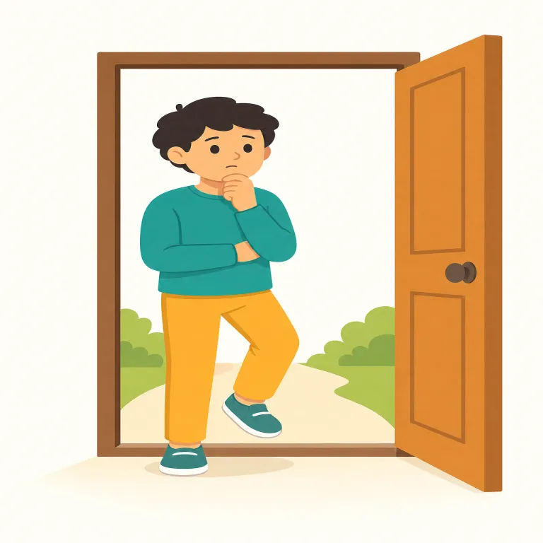 hesitate（ためらう・動詞）の覚え方イラスト — まず「行動の直前で止まる動詞」として覚えると定着しやすいです