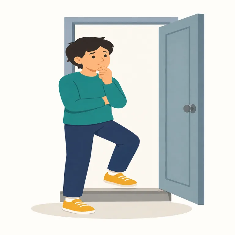hesitation（ためらい・名詞）の覚え方イラスト — このエントリは hesitation の基本義「躊躇」と近いが、訳語としては日常的な「ためらい」に焦点を当てると覚えやすいです