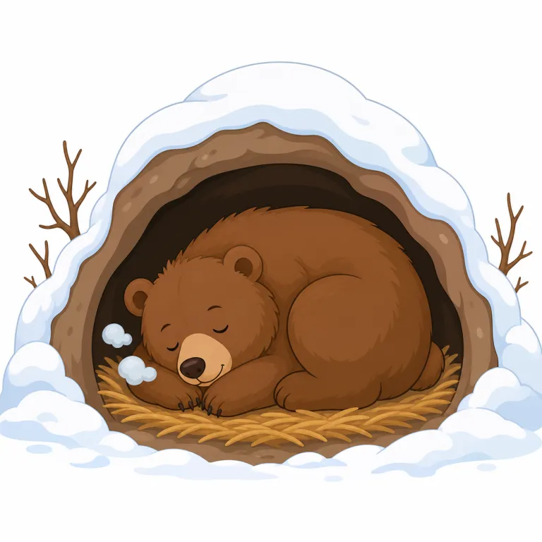 hibernate（冬眠する・動詞）の覚え方イラスト — hibernate は、動物が冬の寒さや食料不足をやり過ごすために、代謝を落として長く眠る「冬眠する」という意味です