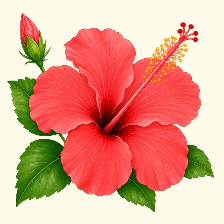 hibiscus（ハイビスカス・名詞）の覚え方イラスト — 日本語の「ハイビスカス」とほぼ同じ形で覚えられる、借用語タイプのやさしい単語です