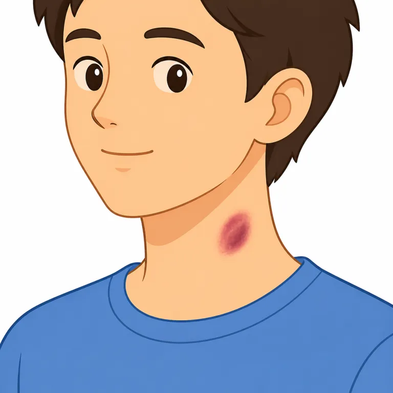 hickey（キスマーク・名詞）の覚え方イラスト — 会話ではかなりくだけた俗語で、首筋などに残る赤紫の跡を指します
