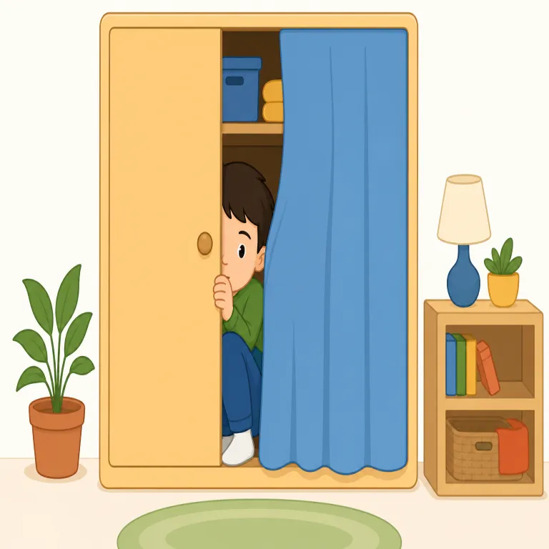 hide out（潜伏する・句動詞）の覚え方イラスト — hide は「隠れる」、out はここでは「普通の場所や人目の外に離れて」という感覚を足す