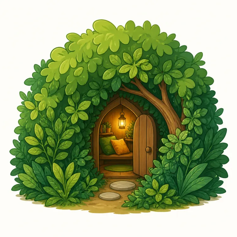 hideaway（隠れ家・名詞）の覚え方イラスト — `hide` が分かれば覚えやすい語です