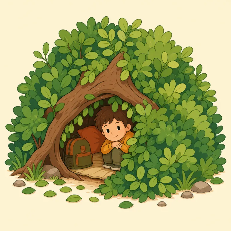 hideout（隠れ家・名詞）の覚え方イラスト — hide「隠れる」＋out「人目につく場所から離れて」と捉え、「見つからないために潜む場所＝隠れ家」と覚えると定着しやすい語です