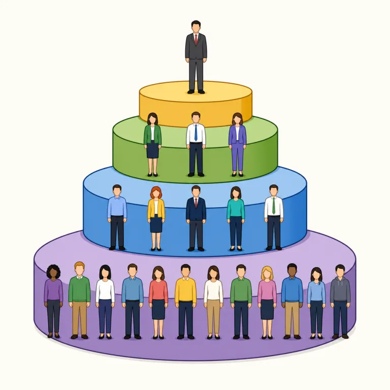 hierarchy（階層・名詞）の覚え方イラスト — このエントリの hierarchy は、階級制度という社会的・組織的な上下支配そのものではなく、物事をレベルや親子関係で段階的に並べた「階層」を表す意味として覚えます