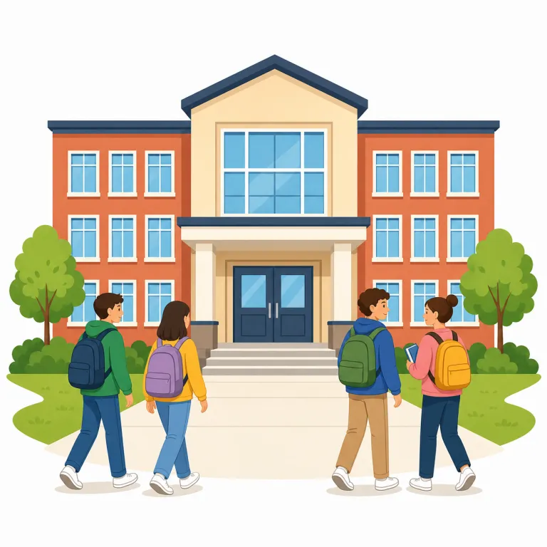 high school（高校・名詞）の覚え方イラスト — 名詞の high school は、場所としての学校と、人生の一時期としての高校生活の両方を表せます