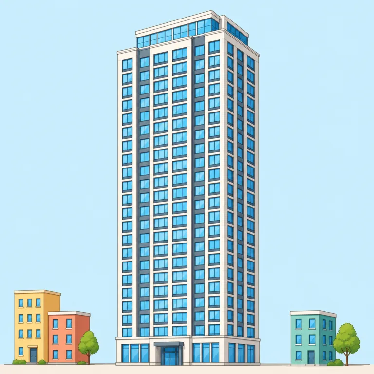 highrise（高層ビル・名詞）の覚え方イラスト — high と rise をそのまま見て、「高く上に伸びるもの」と捉えると記憶しやすい