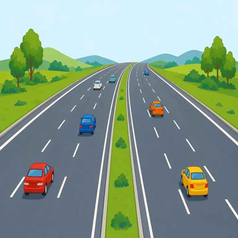 highway（幹線道路・名詞）の覚え方イラスト — 幹線道路としての highway は、速く走る場所というより「地図上で町と町を太く結ぶ線」と考えると区別しやすいです