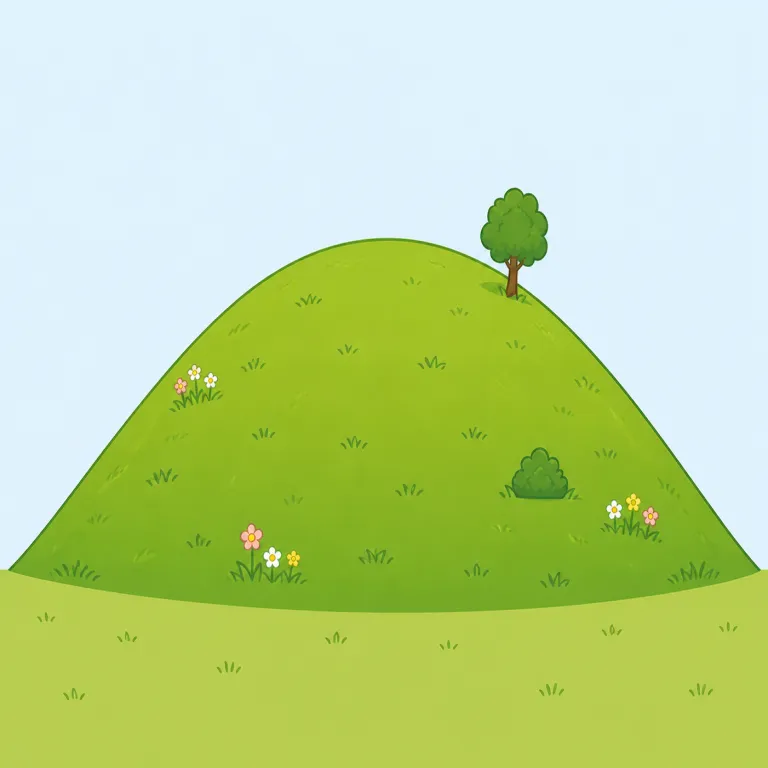 hill（丘・名詞）の覚え方イラスト — hill は、周囲より少し高く盛り上がった土地、つまり「丘」を表します
