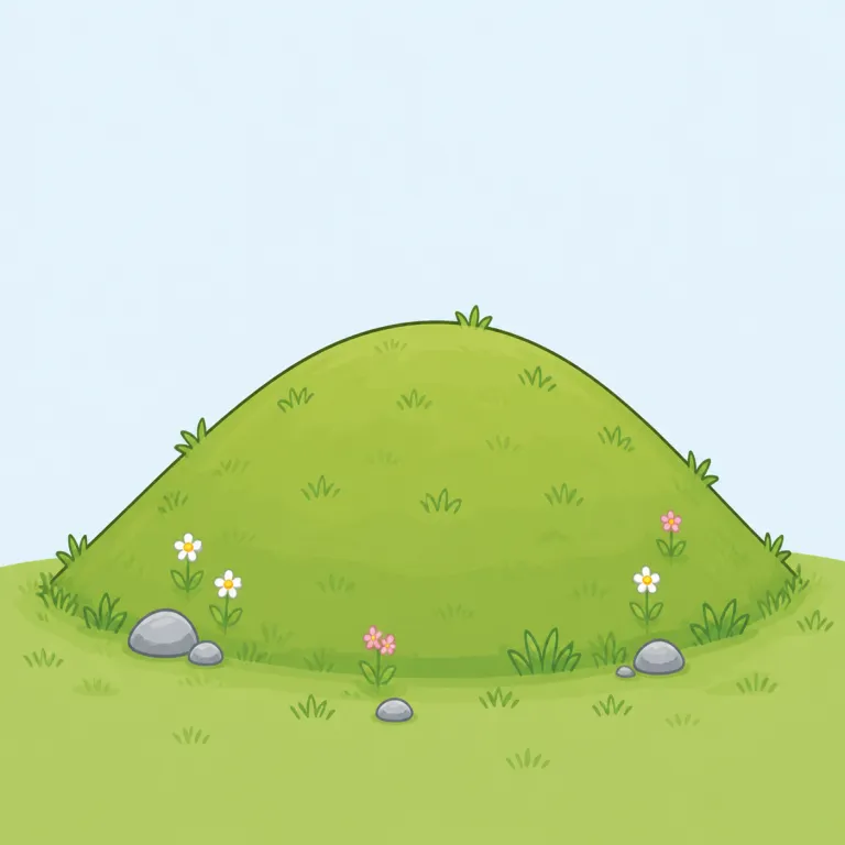 hillock（小丘・名詞）の覚え方イラスト — hill がそのまま見えるので、まず「丘の仲間」と押さえると入りやすい語です