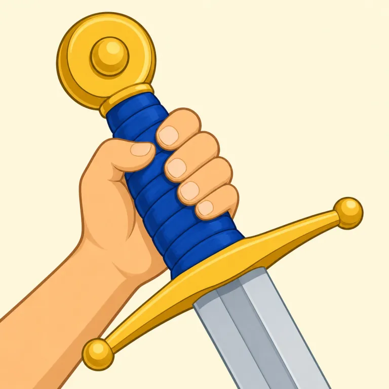 hilt（柄・名詞）の覚え方イラスト — 剣やナイフを思い浮かべると、切る部分は blade、手で握る側が hilt