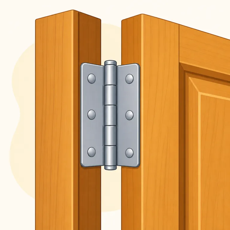hinge（蝶番・名詞）の覚え方イラスト — hinge は、扉を押したときに目立つ取っ手ではなく、端で静かに重さと動きを支える金具です
