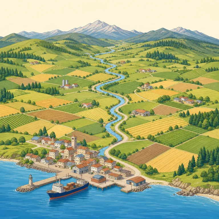 hinterland（内陸部・名詞）の覚え方イラスト — land は「土地」、inland は「内陸の」です