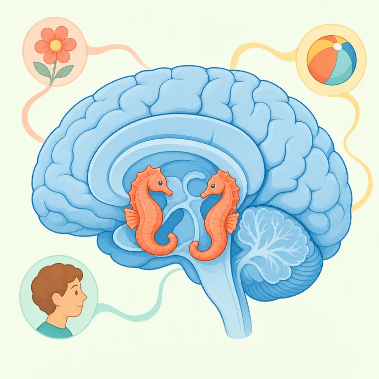 hippocampus（海馬・名詞）の覚え方イラスト — hippocampus は単独で暗記するより、memory・learning・spatial navigation の3点セットで結びつけると残りやすい語です