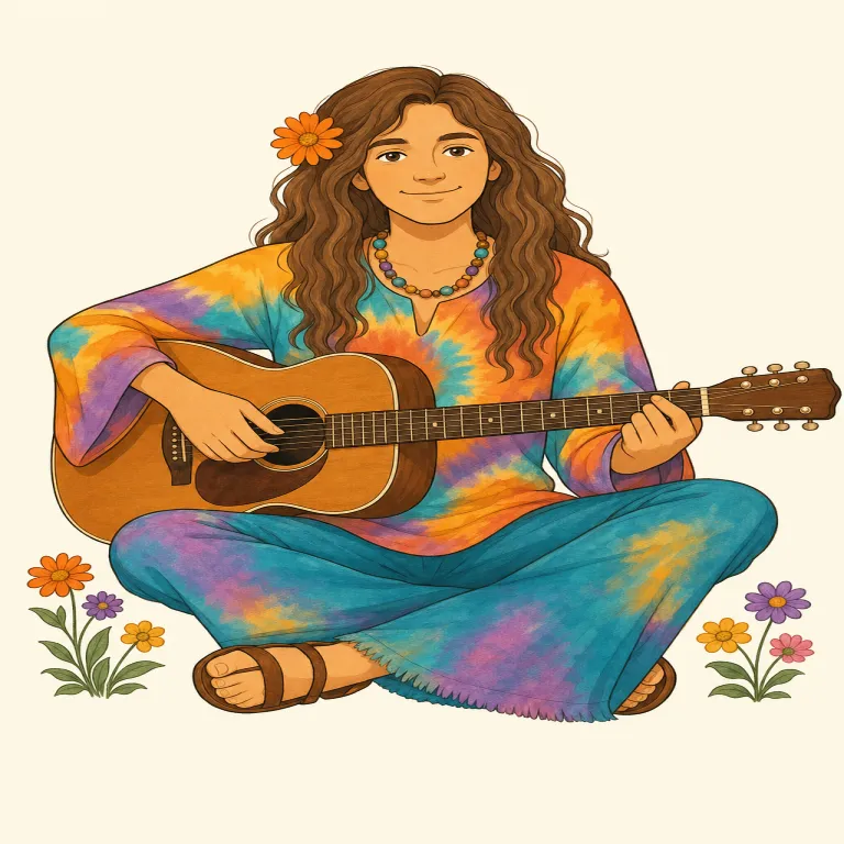 hippy（ヒッピー・名詞）の覚え方イラスト — まず hip を「流行に敏感・時代の空気がわかる」と押さえると、hippy はそこから広がった「体制に合わせるより、自分たちの感覚で生きる人」として覚えやすいです