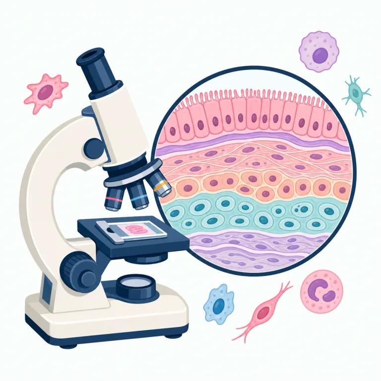 histology（組織学・名詞）の覚え方イラスト — histology は biology, geology, psychology と同じ -logy「学問」の形なので、まず「何かを研究する分野」だと押さえると記憶しやすい