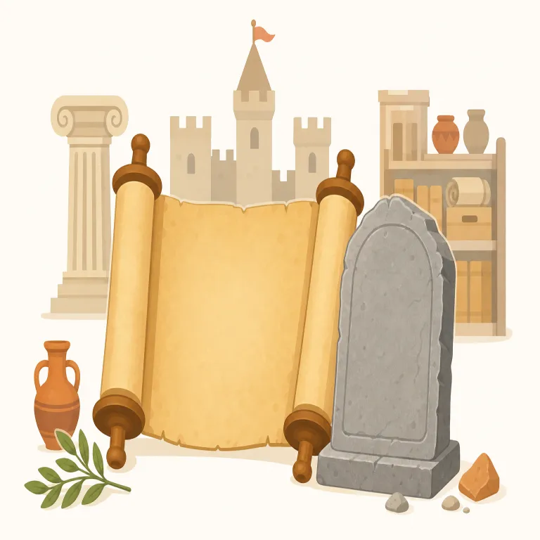 history（歴史・名詞）の覚え方イラスト — history の「歴史」は、人や国、社会、建物などが過去からたどってきた出来事の流れや、その研究・記録を指します