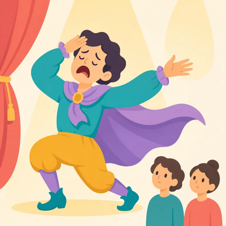 histrionic（演技的な・形容詞）の覚え方イラスト — 「dramatic（劇的な）」や「theatrical（芝居がかった）」に近い語として覚えると定着しやすいです