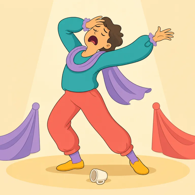 histrionically（芝居がかって・副詞）の覚え方イラスト — histrionic「芝居がかった」＋ -ally「〜な様子で」と捉えます