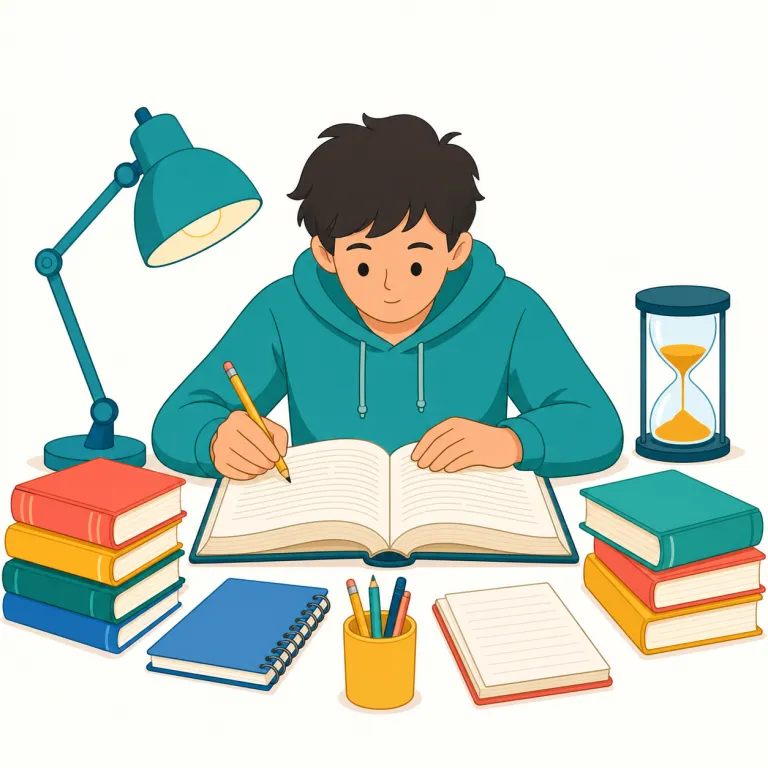 hit the books（勉強を始める・イディオム）の覚え方イラスト — hit は「打つ」だけでなく、口語では hit the road（出発する）や hit the gym（ジムに行く）のように、ある行動へ勢いよく入る感覚を作ります