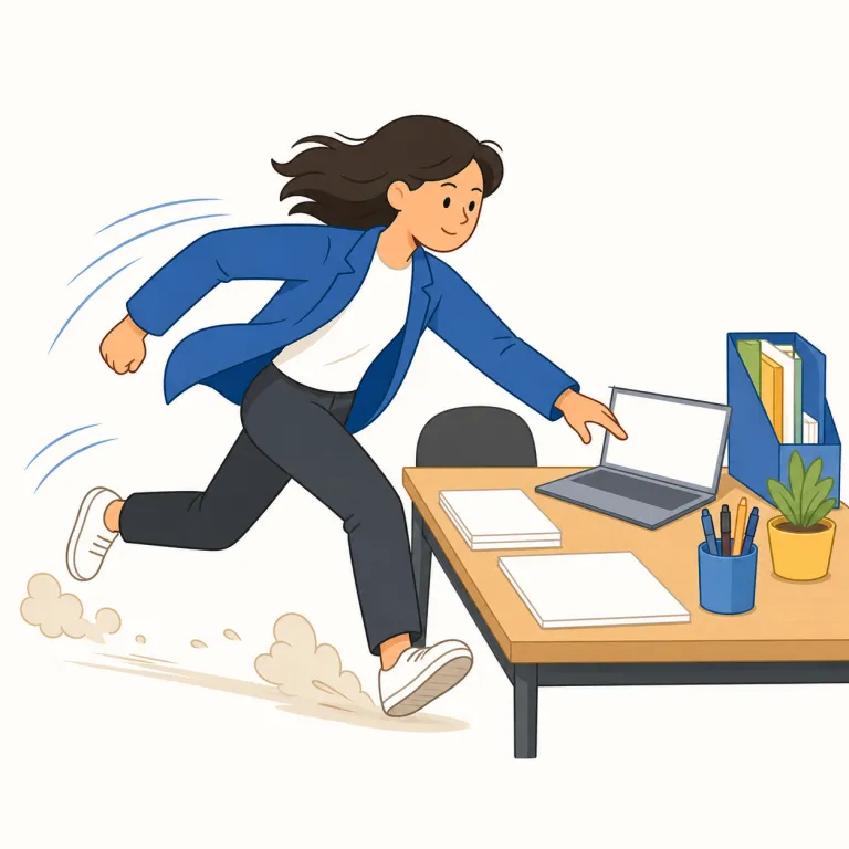 hit the ground running（即戦力で動く・イディオム）の覚え方イラスト — hit the ground running は「地面に着いた瞬間、もう走っている」という映像で覚えると自然です