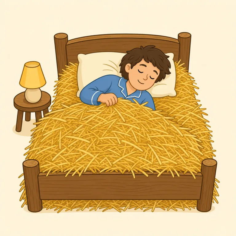 hit the hay（寝床につく・イディオム）の覚え方イラスト — hit と hay はどちらも中学レベルで見覚えがある語なので、まず「知っている単語2つの組み合わせ」として覚えると残りやすい表現です