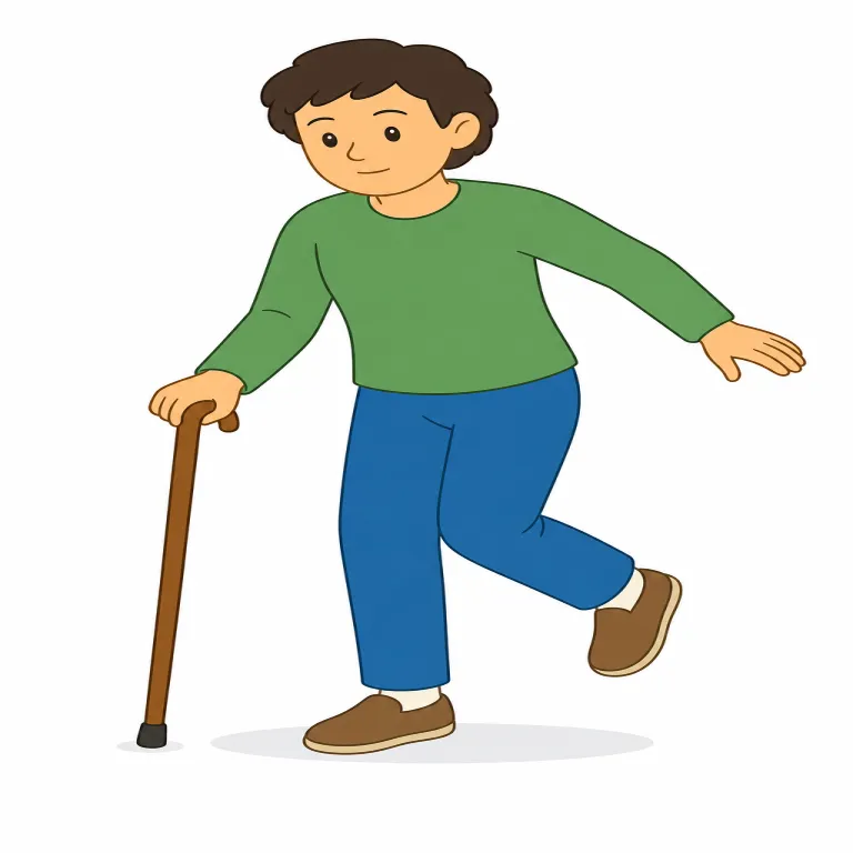 hobbling（よろよろする・動詞）の覚え方イラスト — hobbling は、まず wobble（ぐらつく）と limp（足を引きずる）をセットで思い出すと定着しやすいです
