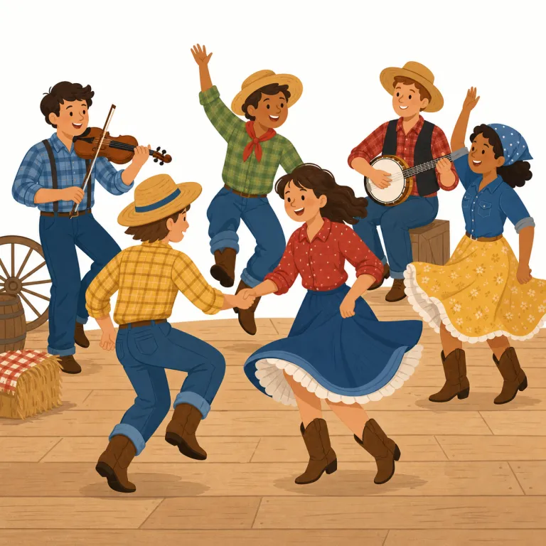 hoedown（にぎやかな田舎踊り・名詞）の覚え方イラスト — 「田舎のにぎやかな踊りの集まり」と場面ごと覚えるのが近道です