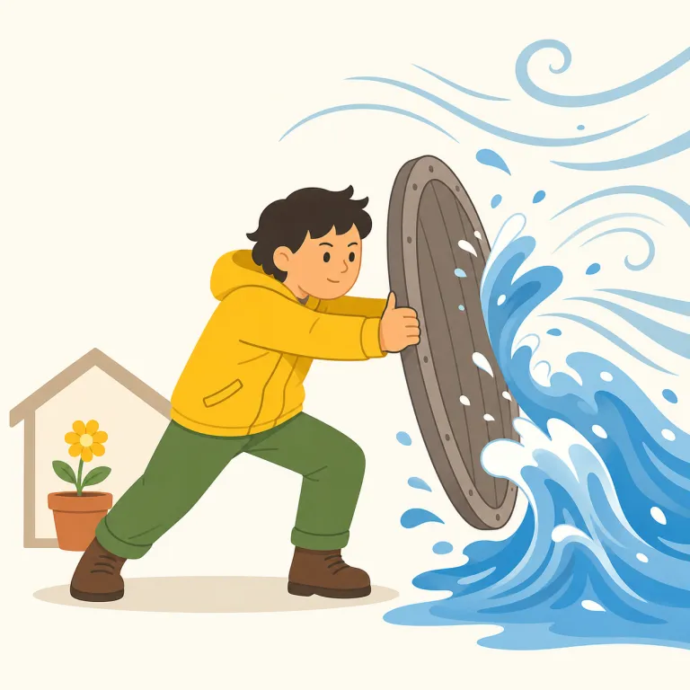 hold out（持ちこたえる・句動詞）の覚え方イラスト — hold は「保つ」、out は「外の圧力にさらされたまま・尽きるまで外へ」