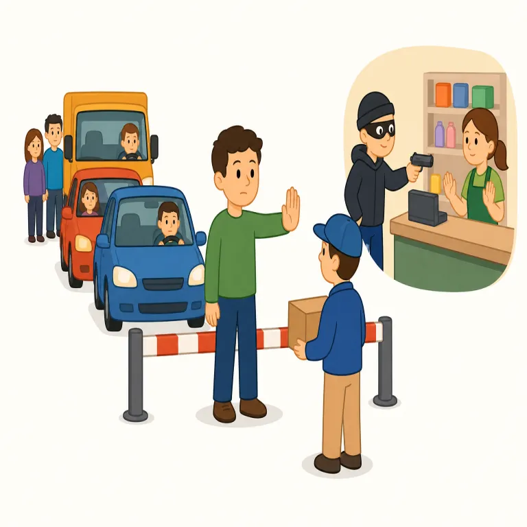 hold up（遅らせる、足止めする、武器で脅して奪う・句動詞）の覚え方イラスト — hold up は「進行をその場に止める」と覚えると、遅延・足止め・強盗の三つがつながります