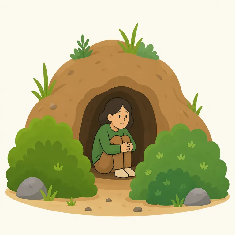 hole up（隠れる・句動詞）の覚え方イラスト — まず hole を「穴」として思い出すと、動物が穴にこもる絵で覚えやすいです