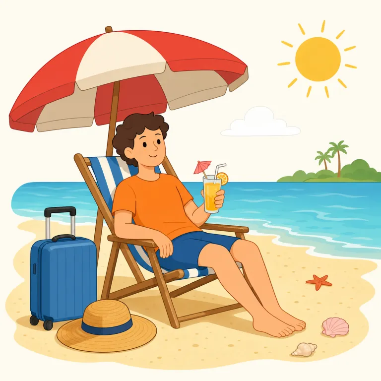 holidaying（休暇を過ごす・動詞）の覚え方イラスト — 動詞の holiday は、英国英語で「休暇を取って過ごす」という意味になります