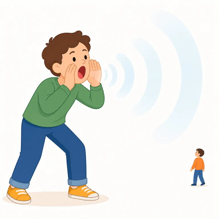 holler（大声で叫ぶ・動詞）の覚え方イラスト — まず shout「叫ぶ」を土台にしつつ、holler はもっと口語的で、遠くの相手に声を張り上げて呼ぶ場面を思い浮かべると残りやすいです