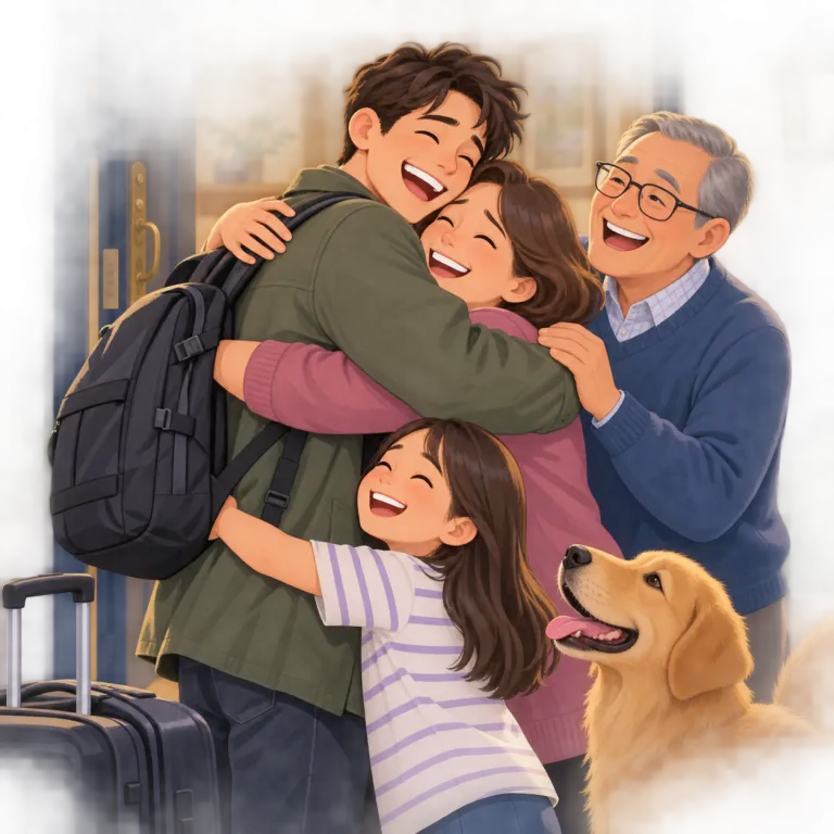 homecoming（帰郷・noun）の覚え方イラスト