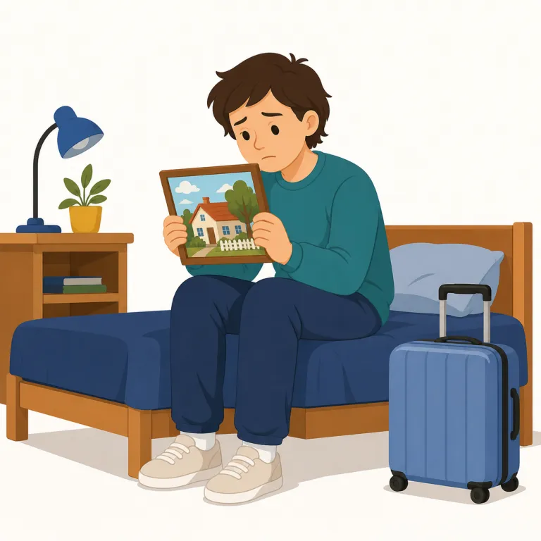 homesick（ホームシック・形容詞）の覚え方イラスト — homesick は home + sick で、「家が恋しくて具合が悪いほどつらい気持ち」と考えると感覚がつかめます