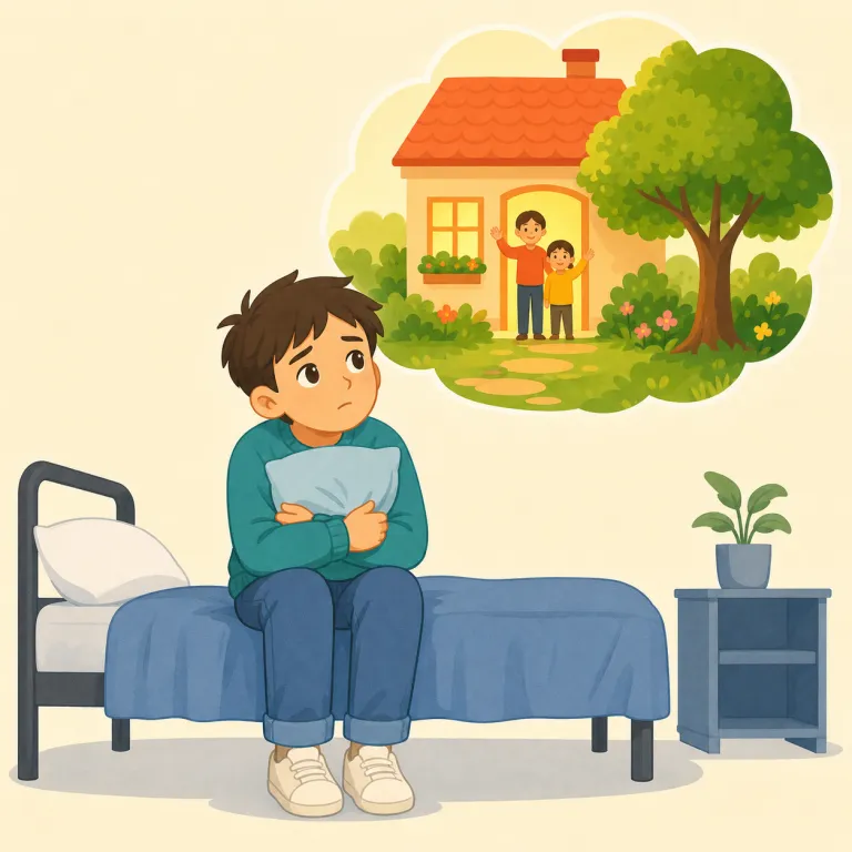 homesickness（ホームシック・名詞）の覚え方イラスト — home と sick をそのまま重ねると覚えやすい語