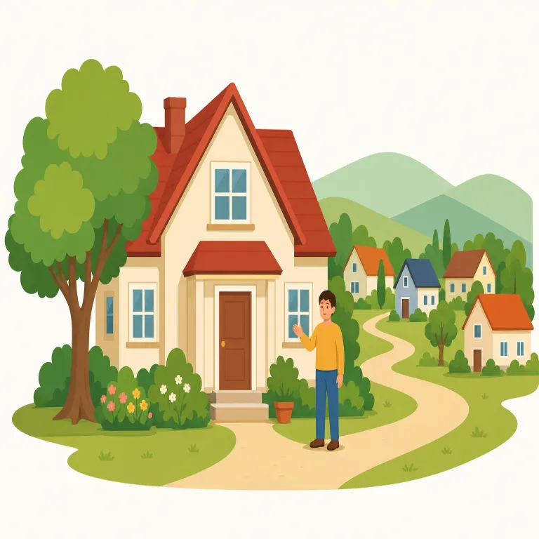 hometown（故郷・名詞）の覚え方イラスト — hometown は home＋town で、「自分にとって home と感じる町」と分けると覚えやすいです
