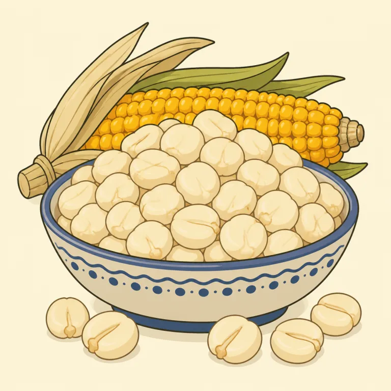 hominy（灰汁処理したトウモロコシ・noun）の覚え方イラスト