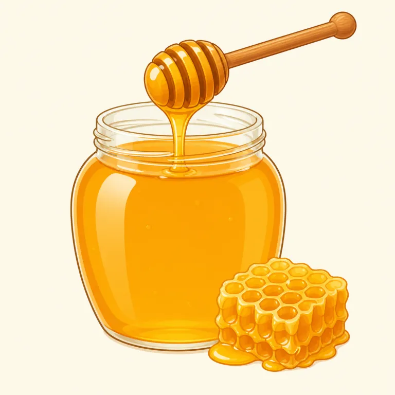 honey（蜂蜜・名詞）の覚え方イラスト — honey は食品の「蜂蜜」として、bee（ハチ）、sweet（甘い）、sticky（粘り気のある）を一緒に思い浮かべると覚えやすいです