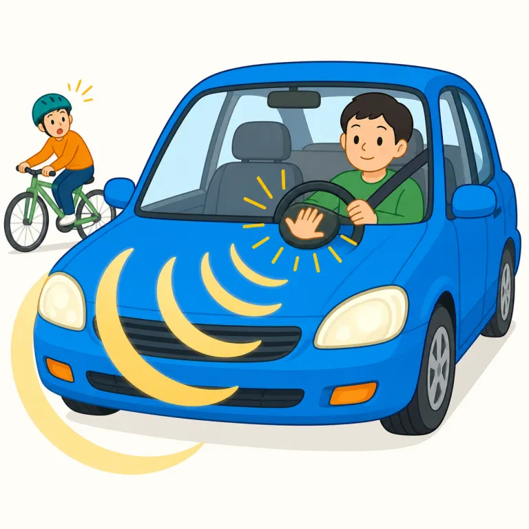 honking（クラクションを鳴らす・動詞）の覚え方イラスト — honking は honk「ブーブー、プーッという音を出す」に -ing が付いた形で、「クラクションを鳴らしていること」と覚えると使いやすいです