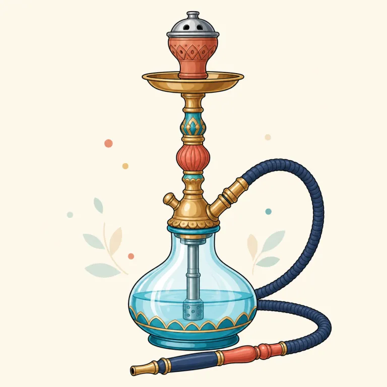 hookah（水ギセル・名詞）の覚え方イラスト — cigarette が紙巻き、cigar が葉巻、pipe がパイプ喫煙具と来たら、hookah は「水を通して吸う大きめの喫煙具」という位置で覚えると整理しやすいです