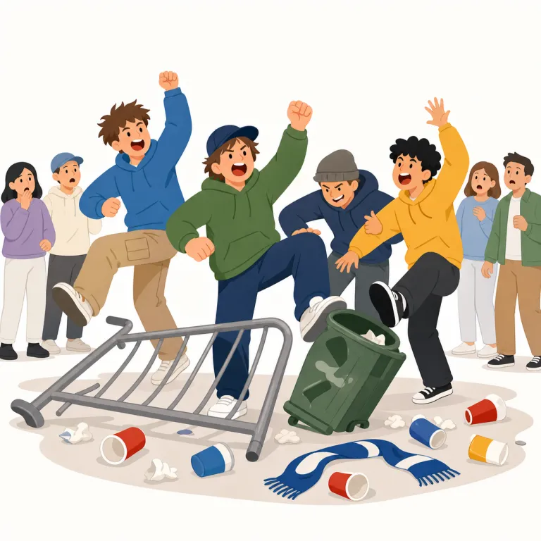hooliganism（フーリガン行為・名詞）の覚え方イラスト — まず `hooligan + -ism` と切って覚えると整理しやすいです