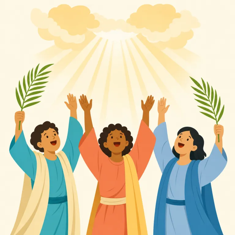 hosanna（ホサナ、神への賛美の叫び・名詞）の覚え方イラスト — 『hallelujah（ハレルヤ）』と同じく、礼拝や聖歌で響く“神に向けた高い声の賛美語”としてセットで覚えると残りやすい語です