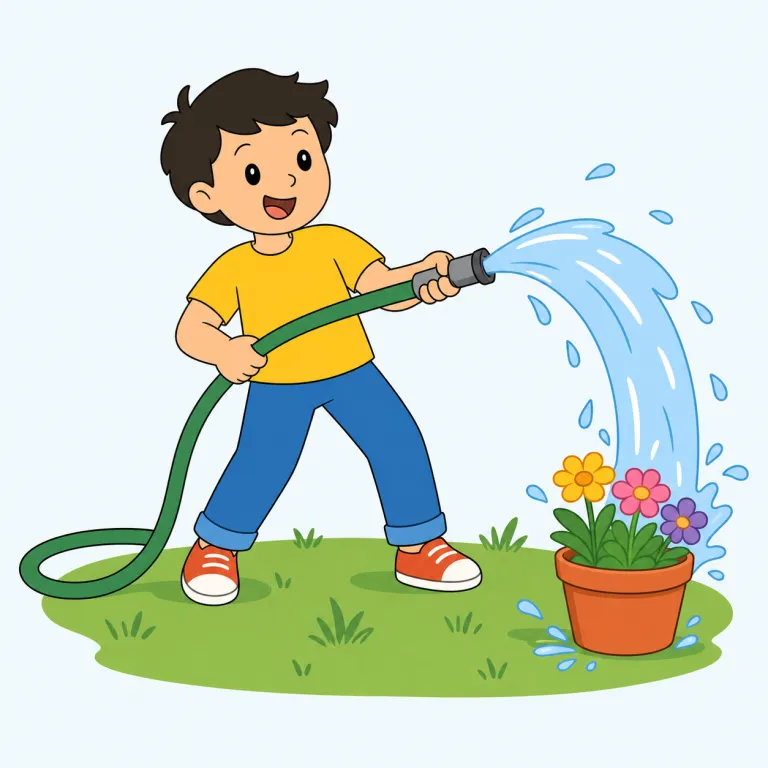 hosing（ホースで水をかける／（俗）ふざける・動詞）の覚え方イラスト — まず hose「ホース」が分かれば、hosing はほぼそのまま「ホースで水をかけている動作」
