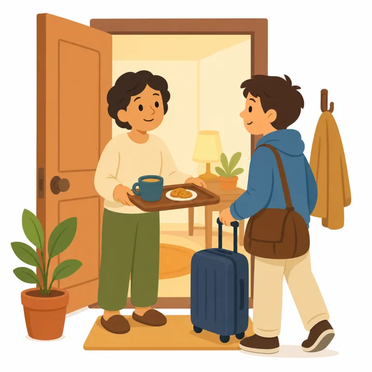 hospitable（親切でもてなしのよい・形容詞）の覚え方イラスト — host（客を迎える人）や hospitality（おもてなし）から連想すると、この意味は覚えやすい