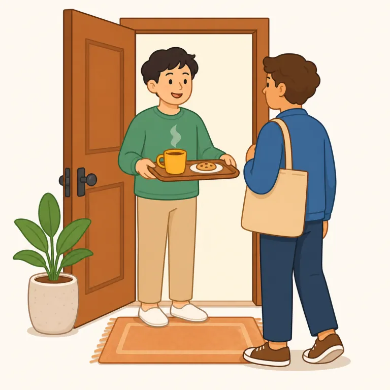 hospitality（おもてなし・名詞）の覚え方イラスト — host（客を迎える人）や hotel / hostel を知っていると覚えやすい語です